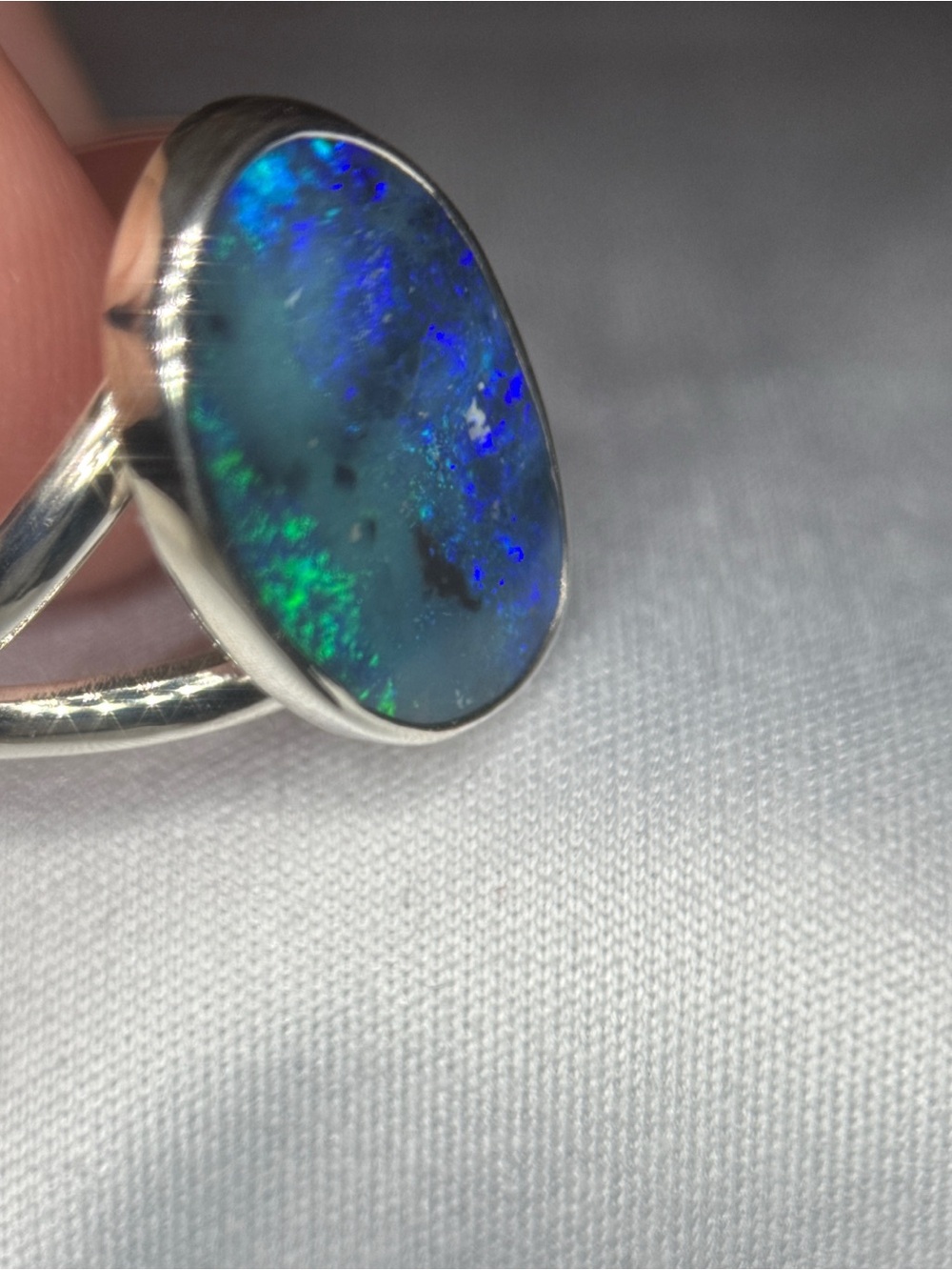 Sterling Silver Blue-Green Opal Oval Ring - Picture 10 of 12